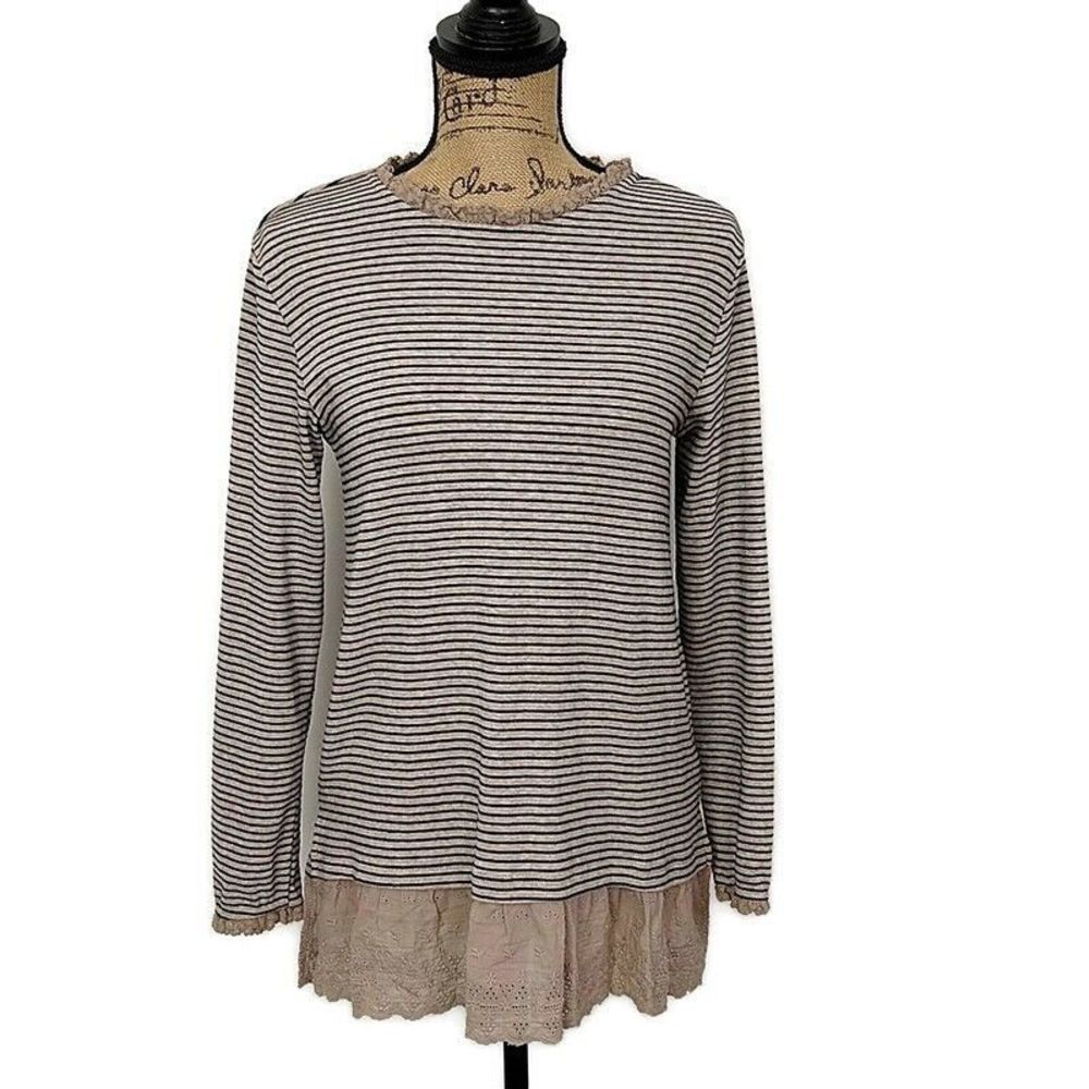 Goodnight Macaroon Womens sz S Top‎ Brown Stripe Ruffle Crochet Long Sleeve